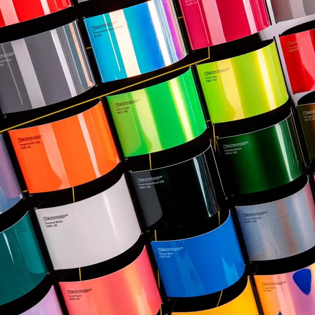 TeckWrap colour display showing a range of vinyl wrap finishes